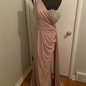 One Shoulder Mauve Maid of Honor, Beaded Side Train Portia & Scarlett Gown- 12